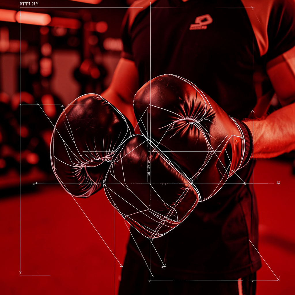 Close-up of a trainer holding focus mitts in a gym setting, warm red and dark tones