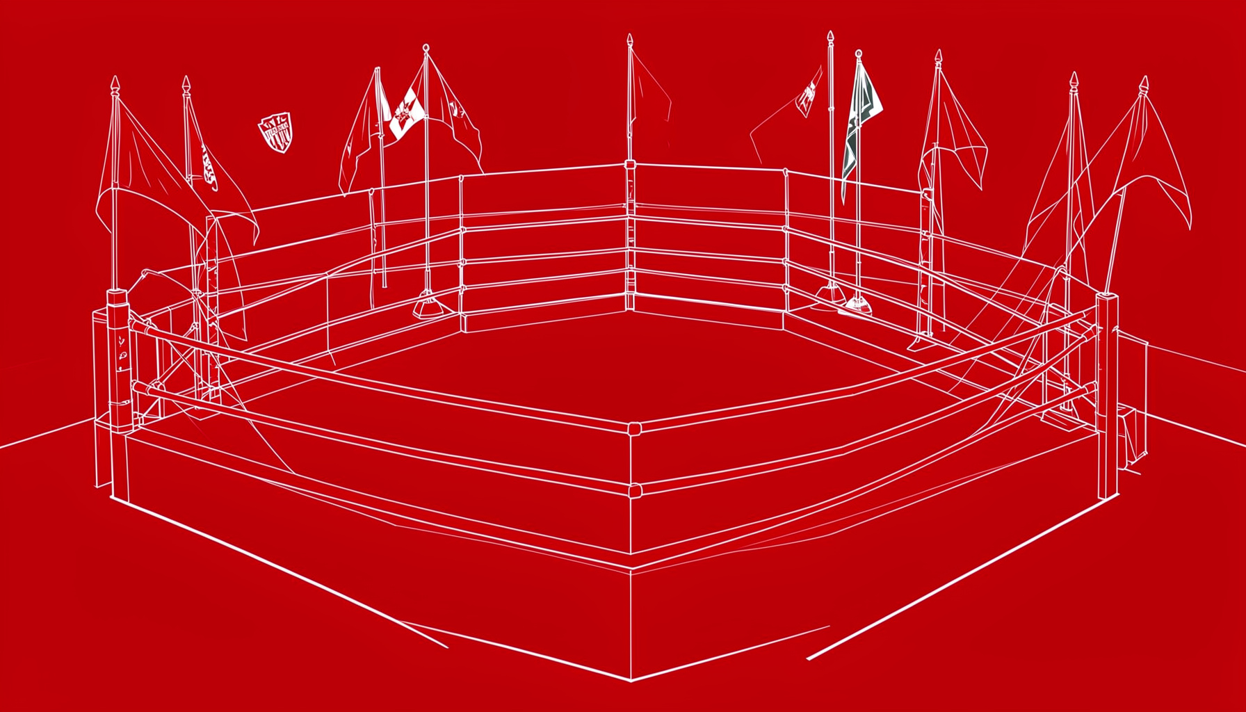 International Muay Thai competition ring with flags, championship atmosphere
