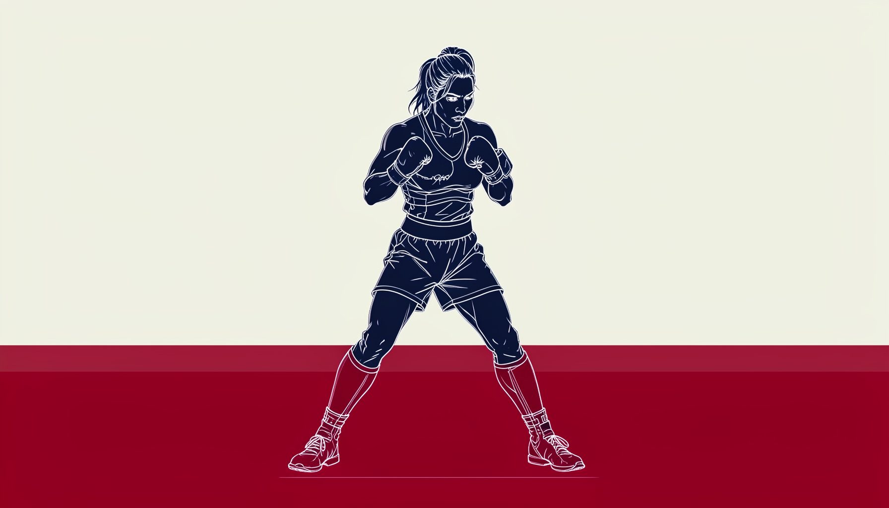 Technical blueprint-style drawing of a female Muay Thai fighter in guard position, rendered in deep navy and muted red tones against a light background