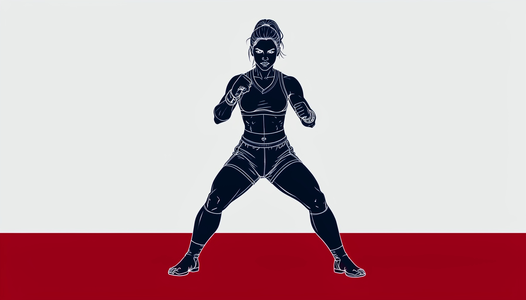 Technical blueprint-style drawing of a female Muay Thai fighter in stance, rendered in deep navy and muted red tones against a light background