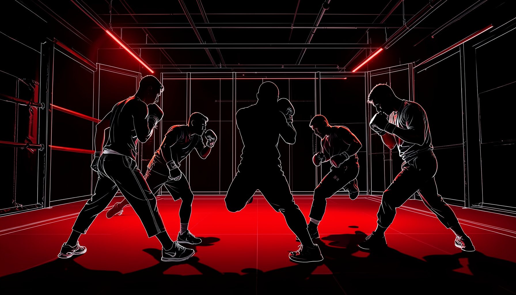 Silhouetted Muay Thai athletes training in a dramatic dark gym with red accent lighting, powerful and athletic mood
