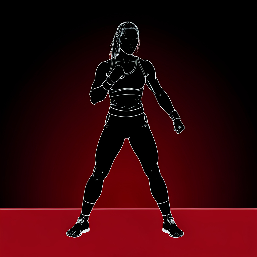 Portrait-style silhouette of a female Muay Thai fighter, confident stance, dark background with red rim light