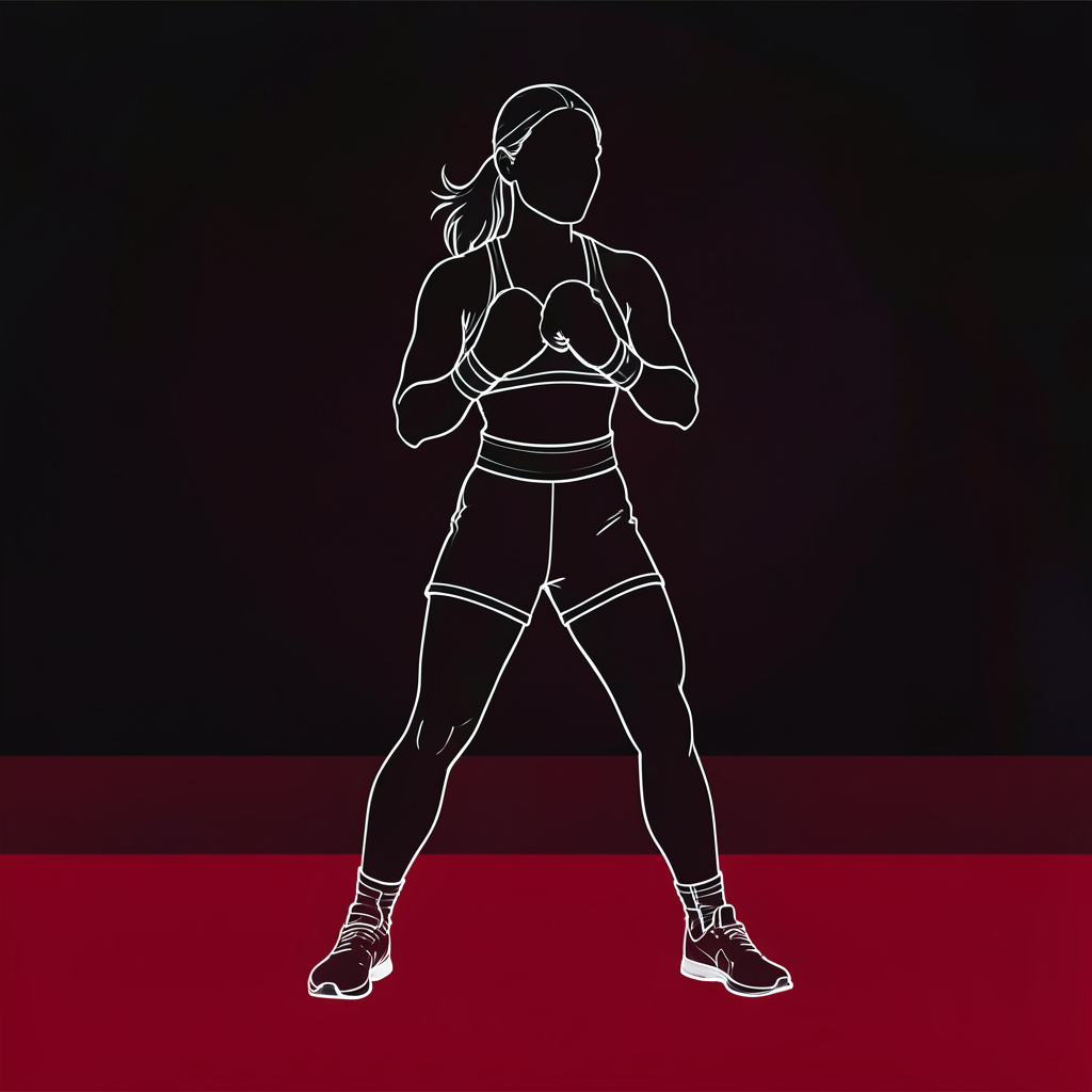 Portrait-style silhouette of a female Muay Thai athlete in training gear, dark moody background
